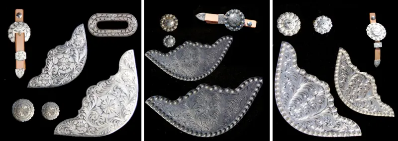 Auswahl gravierter Silberconchos und Sattelbeschläge