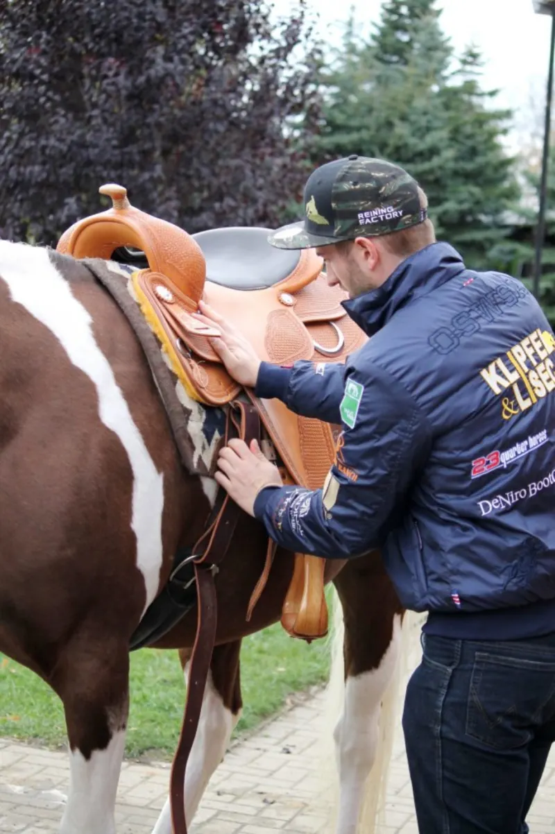 Sattler passt einen Westernsattel am Pferd an